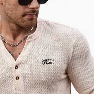 Oneten Apparel <b>Men's</b> Beige Long Sleeve V-neck <b>Henley</b> <b>Shirt</b> Breathable Casual Polyester Spandex Waffle Knit Front Logo Top - Product Image 5
