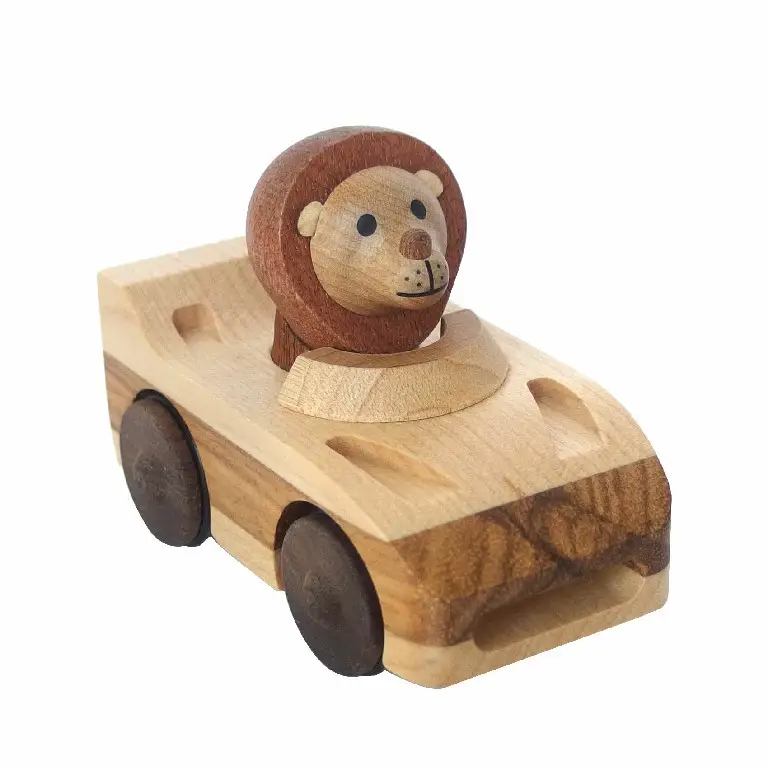 [2a] carro de madeira para trás, carro de corrida, leão, artesanato de madeira