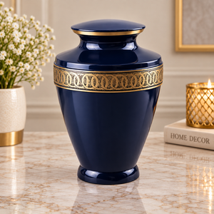 Urna Clásica Azul Marino con Adorno Floral, Recipiente Conmemorativo de Metal con Tapa Segura y Detalles en Oro Refinado - Product Image 5