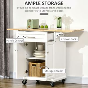 Îlot de cuisine polyvalent en bois naturel avec dessus rabattable, chariot de service blanc sur roulettes, tiroir, armoire et porte-serviettes, facile à utiliser - Product Image 4