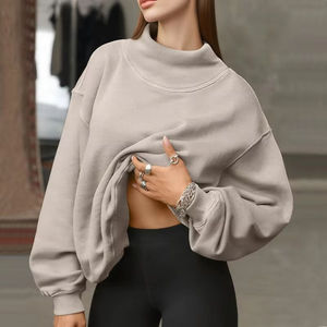 Sweat-shirt oversize beige pour femme, col montant, en molleton épais de qualité supérieure, à manches longues, pull décontracté pour le quotidien - Product Image 1