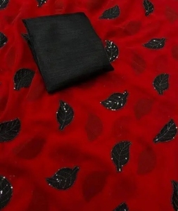 Sari KV para Mujer, Diseño Panpatti Rojo y Negro, Georgette de Secado Rápido, Largo hasta el Suelo, con Blusa sin Coser - Product Image 2