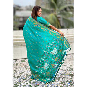 Sari en soie Pichwai tissé Zari bleu aqua Elite Weaves, élégant pour les soirées cocktails - Product Image 5