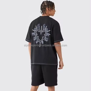 Camiseta de punto de contraste de corazón gráfico de gran tamaño, conjunto corto 100% de algodón, estilo de estampado informal de verano, secado rápido, transpirable, teñido liso - Product Image 1