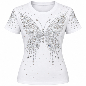 T-shirt blanc à manches courtes pour femme, orné de strass et de cristaux, coupe ajustée, décontracté, tendance, personnalisable, séchage rapide, respirant - Product Image 1
