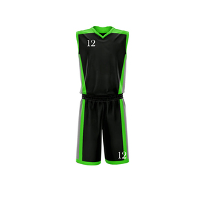 Ensemble de maillots de basket-ball personnalisés, noir et vert, col en V, sans manches, évacuation de l'humidité, 100% polyester, unisexe adulte, impression sublimée - Product Image 1