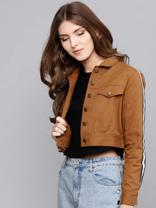 Chaqueta de mezclilla marrón de talla grande con botones y flecos para mujer, transpirable, de punto, al por mayor, a la moda - Product Image 5