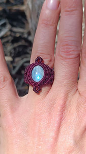 Rainbow Moonstone Macrame <b>Ring</b> Handmade Adjustable Burgundy Cord Boho Gemstone <b>Statement</b> <b>Ring</b> for Women - Product Image 4