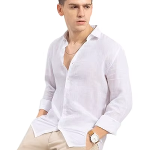 Camisa Casual de Lino Ecológica para Hombre - Blanca, Manga Larga, Cuello Clásico, Estilo Resort de Verano con Cierre de un Solo Botón - Product Image 1