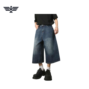 Pantalones Cortos de Mezclilla para Hombre, Cintura Alta, Lavado Claro, Transpirables, Ecológicos, Casuales, con Botones, Tejido de Punto, Pierna Ancha, Corte Recto - Product Image 3