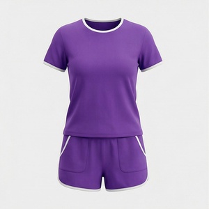 Ensemble de shorts sportifs 2 pièces pour femmes, t-shirt à manches courtes et shorts au-dessus du genou, couleur unie, respirant, tricoté - Product Image 1