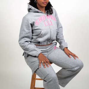 Low MOQ Custom 100% Cotton Grey Tracksuit for Men Breathable Comfortable 3D Embroidery Hoodie and Jogger Set Sportswear - Product Image 2