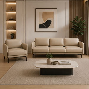 INTELLIGENTIA WOODS - Juego de Sofás de Cuero Modernos y Lujosos de 1+3 Plazas con Estructura de Madera Maciza y Espuma de Alta Densidad para Sala de Estar - Product Image 1