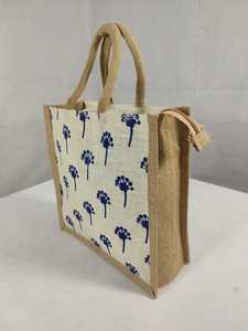Eco Friendly Natural Jute Tote <b>Shopping</b> <b>Bag</b> with Printed Fabric Front Panel Durable Jute Handles Top <b>Zip</b> Closure Wedding Ready - Product Image 4