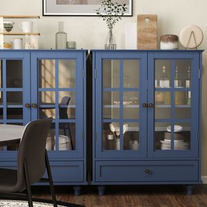 Credenza Moderna Minimalista in Legno Blu con Doppie Ante in Vetro e Cassetto per Soggiorno, Mobile Buffet per Stoccaggio - Product Image 5