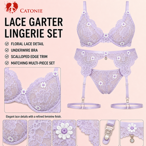 Set di Lingerie <span class=keywords><strong>in</strong></span> Pizzo Plus Size 3 Pezzi: Reggiseno, Mutandine e <span class=keywords><strong>Reggicalze</strong></span> <span class=keywords><strong>in</strong></span> Viola Chiaro - Product Image 2