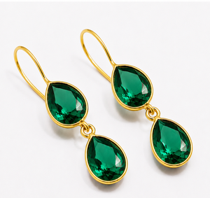 <b>Emerald</b> Quartz Teardrop Dangle Earrings 925 Sterling Silver Gold Plated | Faceted Pear Shape Green Quartz Earrings | Handmade Gi - Product Image 3