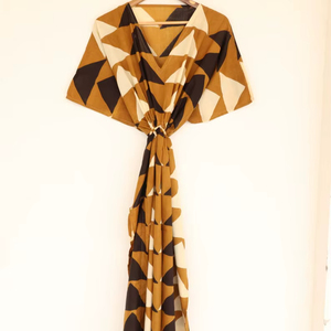 Vestido Kaftan de Algodón con Estampado Geométrico Color Mostaza para Mujer, Estilo Boho, para la Playa - Product Image 1