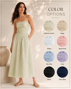Summer Green Cotton Bohemian Simple Women Sleeveless Spaghetti Strap A-Line <b>Elastic</b> Waist Maxi <b>Dress</b> Casual Elegant Floor Length - Product Image 2