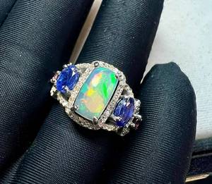 Natural Ethiopian <b>Opal</b>, <b>Blue</b> Sapphire And Pink Tourmaline Gemstone With Single Cut Diamond 925 Sterling Silver <b>Ring</b> - Product Image 4