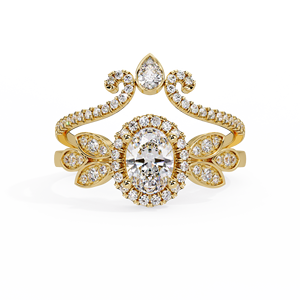 Ensemble de bagues de mariage vintage en or massif 14K avec diamant de laboratoire ovale à halo floral et alliance couronne en forme de poire, bijoux personnalisés en gros - Product Image 1
