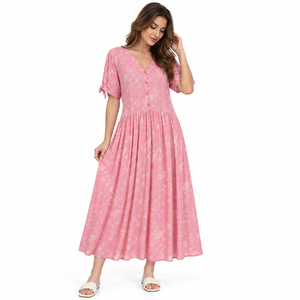 Vestido Maxi Estampado Estilo Preppy de Rayón Tejido SKL-0102, Transpirable, con Cuello en V y Mangas Abullonadas - Product Image 3