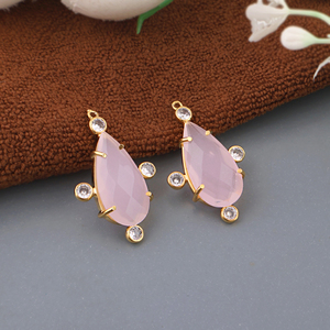 Pink Chalcedony Pear Stone <b>Earring</b> Connector Single Bail Tiny White Cubic Zirconia Accents 18k Gold Plated Brass Prong Set - Product Image 2