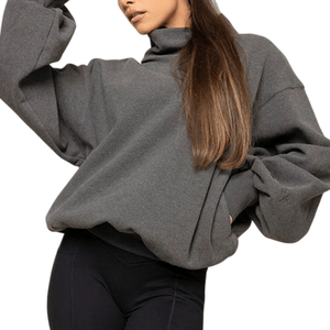 Sweat-shirt oversize gris anthracite pour femme, col montant, en molleton épais de qualité supérieure, à manches longues, pull décontracté minimaliste - Product Image 1