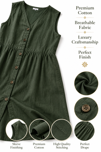Vestido Midi Verde con Cuello Cuadrado y Mangas Abullonadas, Botones al Frente, Abertura Lateral, Estilo Bohemio, 100% Lino, Transpirable, Ecológico, Sencillo - Product Image 4