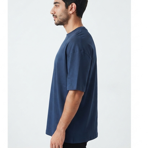 <b>Men's</b> Oversized Solid <b>Navy</b> <b>Blue</b> Cotton T-<b>Shirt</b> Short Sleeve O-Neck Casual Fit Regular Length Plain Dyed Jersey Knitted - Product Image 3