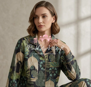 Luxurious Green Mughal Flock Print Cotton Summer Pajama Set Women Elegant Long Sleeve Shirt Trouser Quick Dry Breathable <b>PJS</b> - Product Image 3