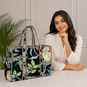 Tropical Print Quilted <b>Canvas</b> Tote Bag 16x15 Inch Double Shoulder Handles Zipper Closure Customizable Fashionable Shopping <b>Beach</b> - Product Image 2
