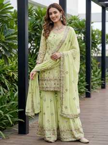 Ensemble sharara pour femme en faux georgette noir brodé avec kurti et dupatta en polyester, longueur ras du sol, robe ethnique traditionnelle pour soirée - Product Image 2