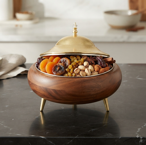 Casserole ronde en bois avec couvercle en laiton doré, design minimaliste poli, pour la maison, les hôtels, les mariages, la restauration, récipient alimentaire - Product Image 4