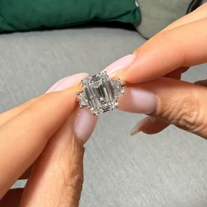 Elegant Timeless Classic Design 5 Carat <b>Emerald</b> Cut Lab Grown Diamond Three Stone Engagement <b>Ring</b> 14K Gold - Product Image 2