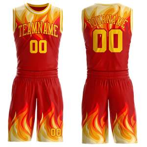 Ensemble d'uniformes de basketball personnalisés jaune et rouge tendance en polyester recyclé, maillot et short d'équipe en maille antibactérienne par sublimation OEM - Product Image 6