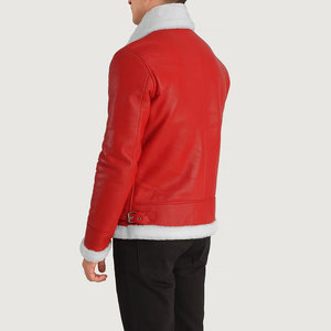 Blouson aviateur en cuir véritable rouge pour homme avec doublure en fausse fourrure, fermeture éclair, coupe ajustée, style motard d'hiver - Product Image 3