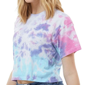 Women <b>Tie</b> <b>Dye</b> Crop T-<b>Shirt</b> Short Sleeve Crew Neck Loose Fit Casual Summer Style Breathable 100% Cotton Jersey Knitted Top - Product Image 3