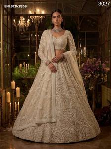 Wedding wear Heavy <b>Net</b> with Pearl & Sequin Embroidered A-Line Ivory Lehenga- Fancy Border Readymade Blouse Set At Wholesale Rate - Product Image 2
