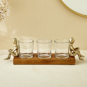 Modern Decorative Triple Glass Candle <b>Holder</b> with Wooden Base and Golden Figurine Accents Tabletop <b>Tealight</b> Stand for Home Decor - Product Image 6