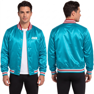 Veste en satin vert menthe à boutons-pression, offrant une brillance soyeuse et fraîche, avec col et poignets en tricot rayé blanc, exportateur OEM de vêtements en gros très demandés - Product Image 6
