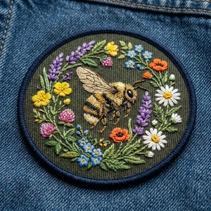 Patch brodé circulaire avec motif floral, appliqué en tissu fait main à coudre pour vêtements et accessoires - Product Image 6