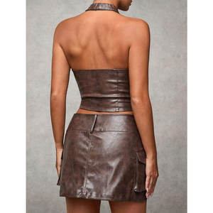 Jupe cargo en cuir PU pour femme, style rétro, taille basse, mini-jupe boutonnée avec poches à rabat - Product Image 2