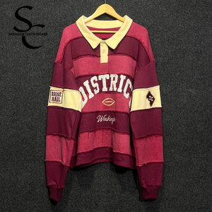 Custom Rugby <b>Shirt</b> With Real Distress <b>Stripes</b> Panels & custom embroidery Work Vintage Street wear style <b>Long</b> <b>sleeve</b> Polo <b>Shirt</b> - Product Image 1