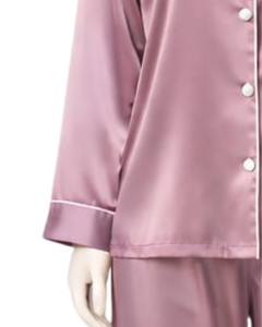 Ensemble de pyjama pour femme en satin rose personnalisé, manches longues, boutonné, style soie, vêtements de nuit, ensemble confortable en deux pièces - Product Image 4