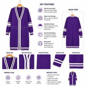 Cosh International Sorority Acrylic - Cárdigan largo morado con rayas blancas y bolsillos, cuello en V, vestido suéter de punto - Product Image 6