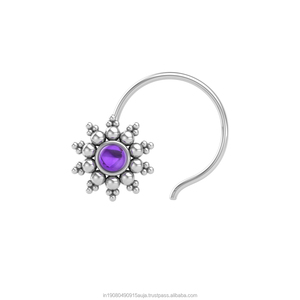 Pendiente de Nariz con Amatista Redonda en Plata de Ley 925, Estilo Indio, para Mujeres y Niñas - Product Image 1