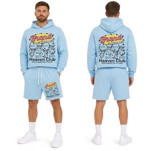 Ensemble de survêtement rose en coton pour homme, 2 pièces, imprimé graphique, tenue décontractée streetwear avec capuche en polaire douce et short assorti - Product Image 5