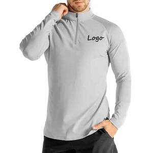 Men's Long Sleeve Stand Collar Quarter <b>Zip</b> Pullover Solid Color Quick Dry Slim Fit Casual Sport <b>Shirt</b> Front Logo Printing - Product Image 1