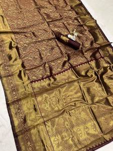 Sari de Seda Banarasi con Bordado Dorado Zari, Sari Tradicional Indio para Bodas, Sari de Diseño Étnico para Fiestas - Product Image 1